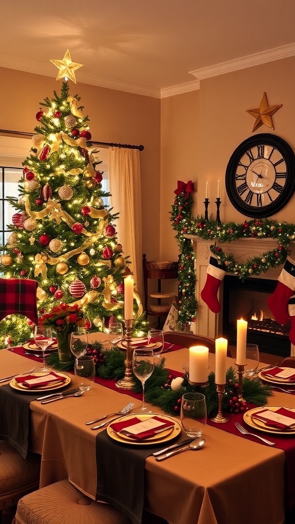 A classic Christmas living room with a decorated tree, stockings, and a festive table setting.